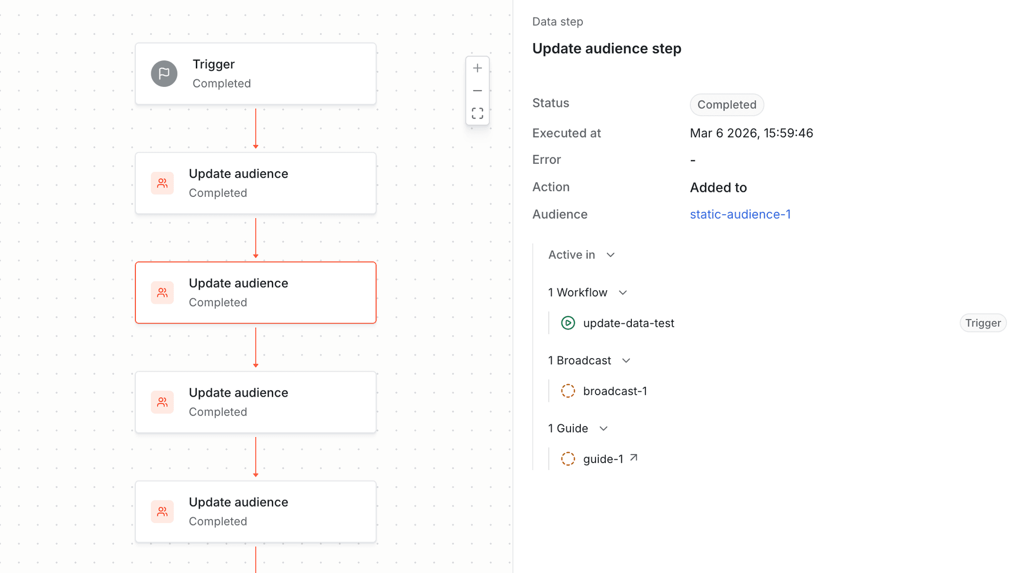 Viewing an update audience step in the workflow run logs.