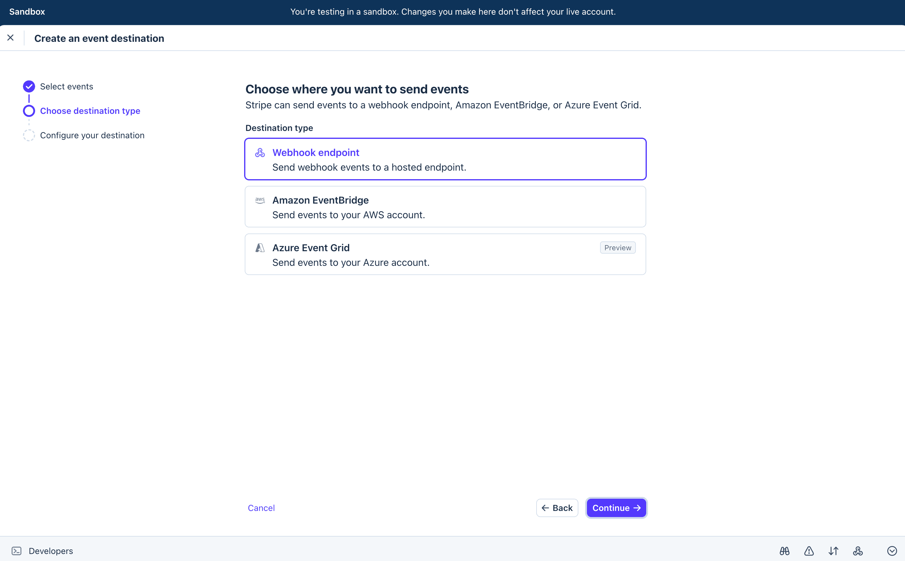 The Stripe event destination wizard showing Webhook endpoint selected as the destination type